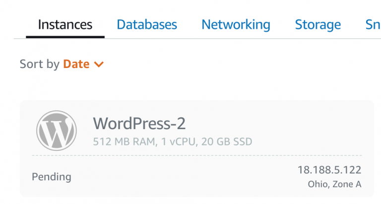 "AWS interface displaying a pending WordPress instance with 512 MB RAM, 1 vCPU, and 20 GB SSD in Ohio, Zone A"