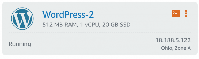 "AWS interface showing a running WordPress instance with 512 MB RAM, 1 vCPU, and 20 GB SSD in Ohio, Zone A"