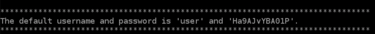 "Message displaying default username 'user' and password in a text interface"
