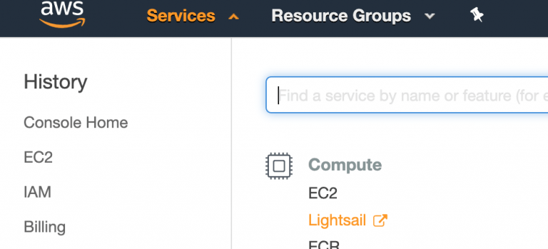 "AWS management console interface showing services menu with options for EC2, Lightsail, IAM, and billing"