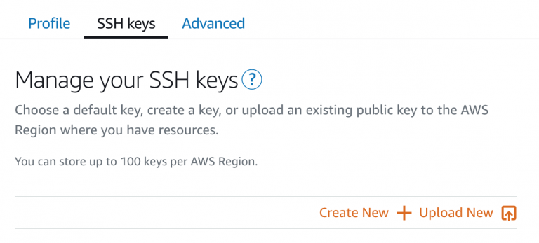 "AWS interface for managing SSH keys with options to create or upload keys across regions"