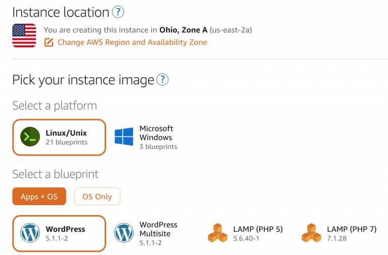 "AWS instance setup interface showing location selection and options for Linux/Unix or Windows platforms, including WordPress and LAMP blueprints"